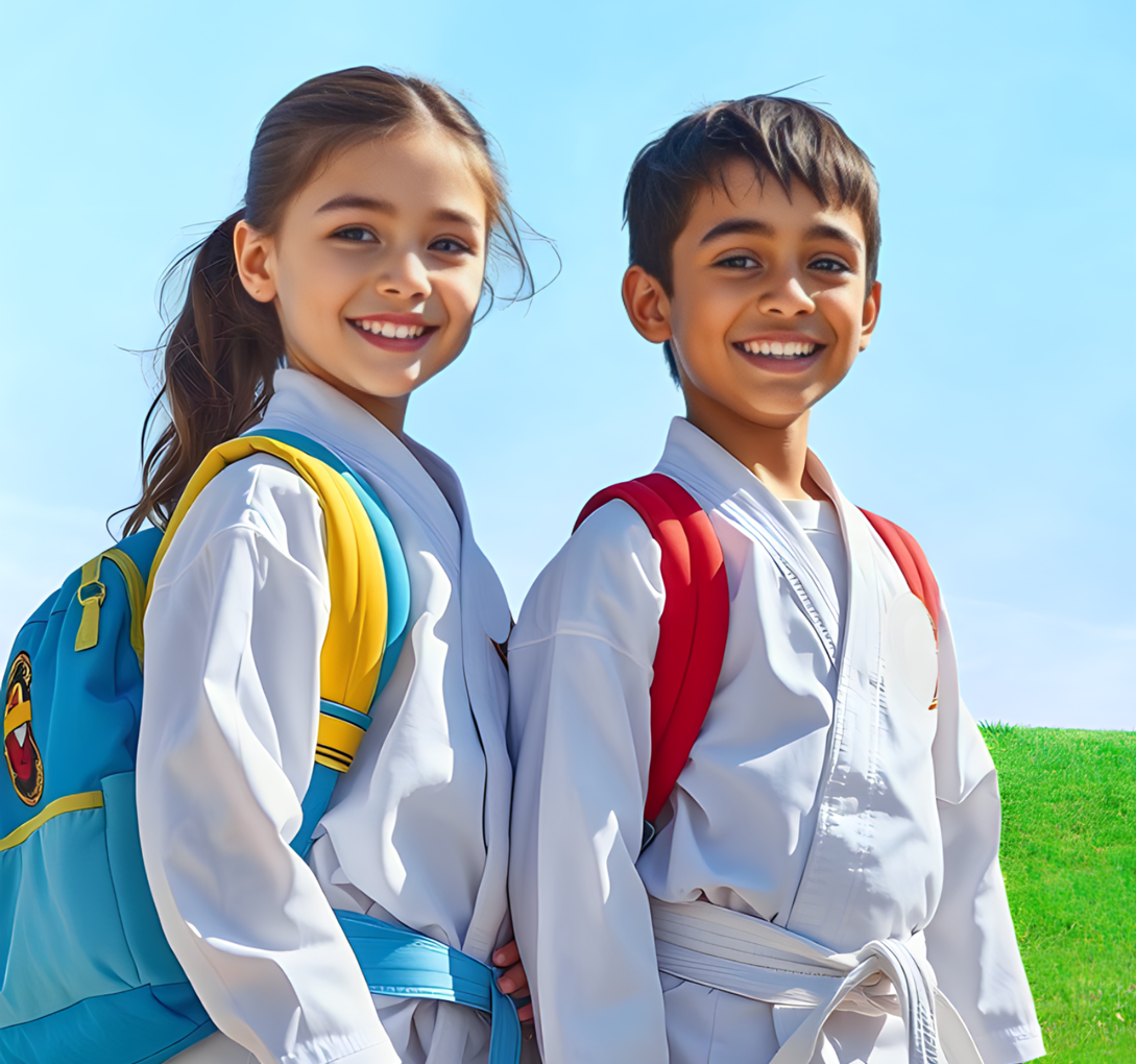 A boy and a girl are standing back to back and smiling