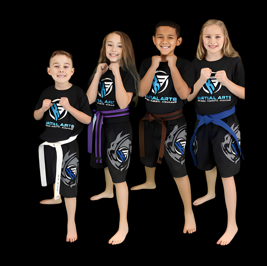 A group of kids wearing martial arts shirts and shorts