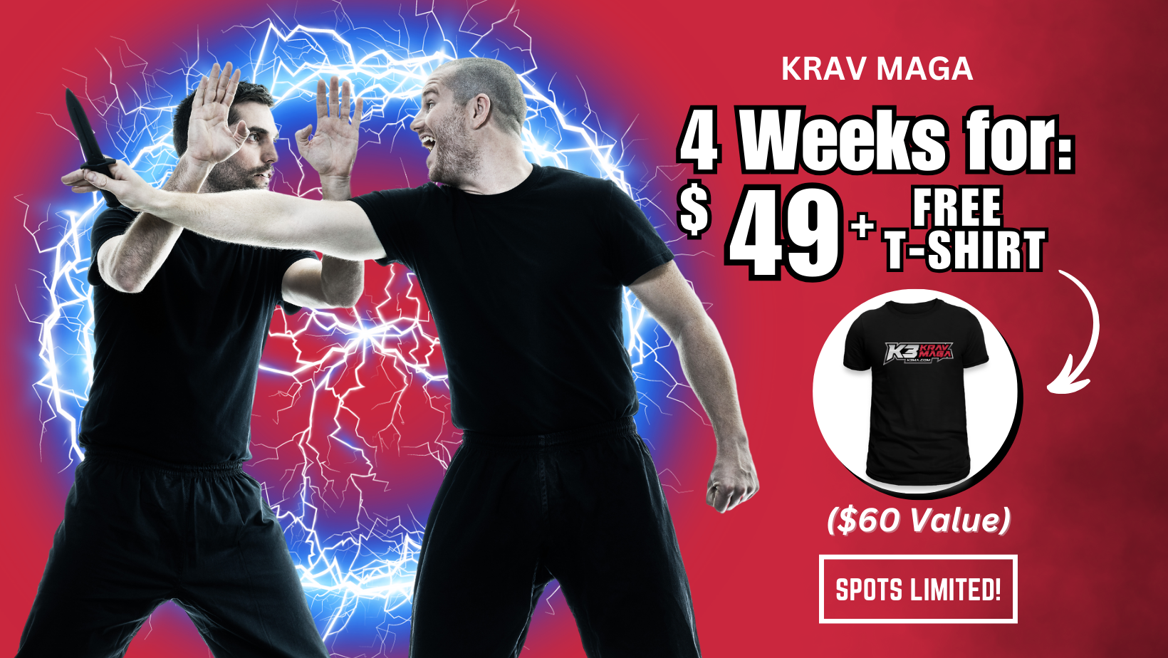 Two men are standing next to each other in front of a sign that says 4 weeks for $ 49 + free t-shirt