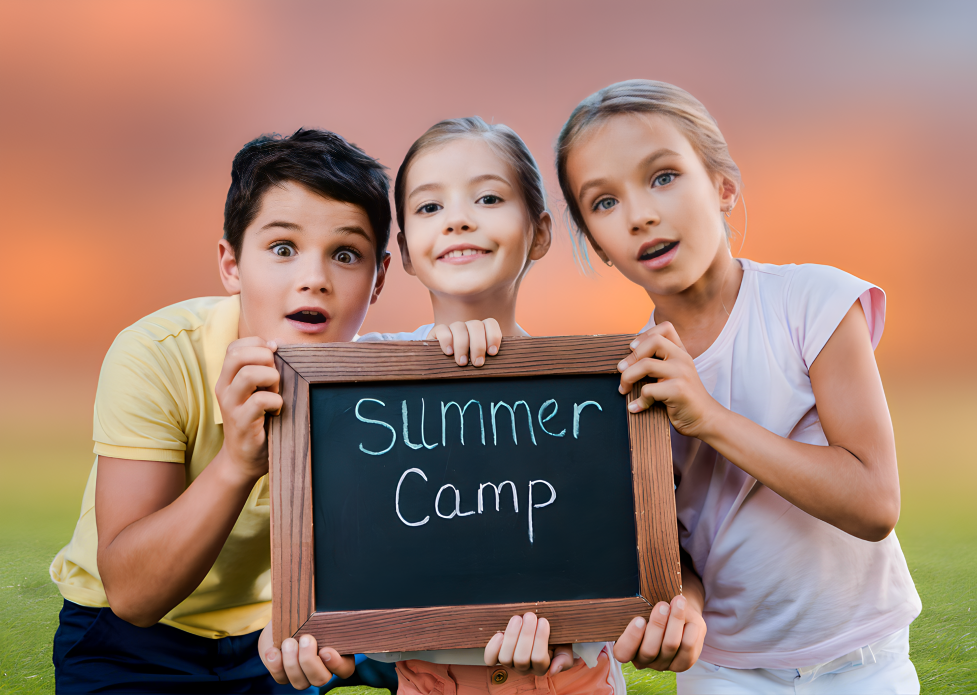 Three kids holding a sign saying Summer Camp at K3ma