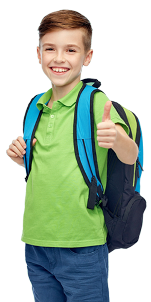 A young boy with a backpack is giving a thumbs up.