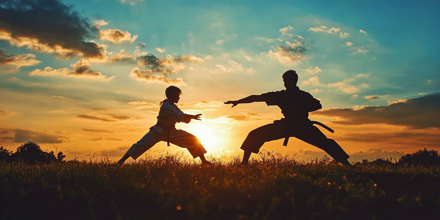 Two men are practicing martial arts and karate in a field at sunset at k3ma