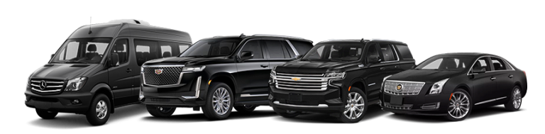 Four black vehicles lined up: a van, two SUVs, and a sedan.