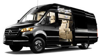 Black Mercedes-Benz Sprinter van with open sliding door; tan interior.