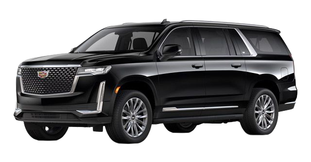 Black Cadillac Escalade SUV parked on a light gray surface, front view.