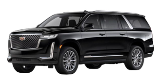 Black Cadillac Escalade SUV parked on a light gray surface, front view.