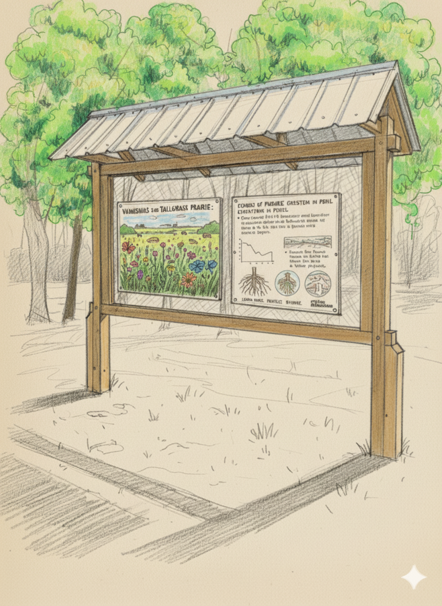 Wooden information board in a grassy area, under a metal roof. Displays a photo of wildflowers and diagrams.