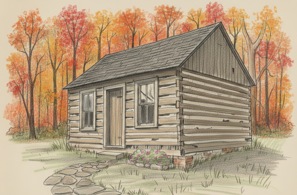 Log cabin in autumn forest, stone path leading to the door, surrounded by trees with red and orange foliage.