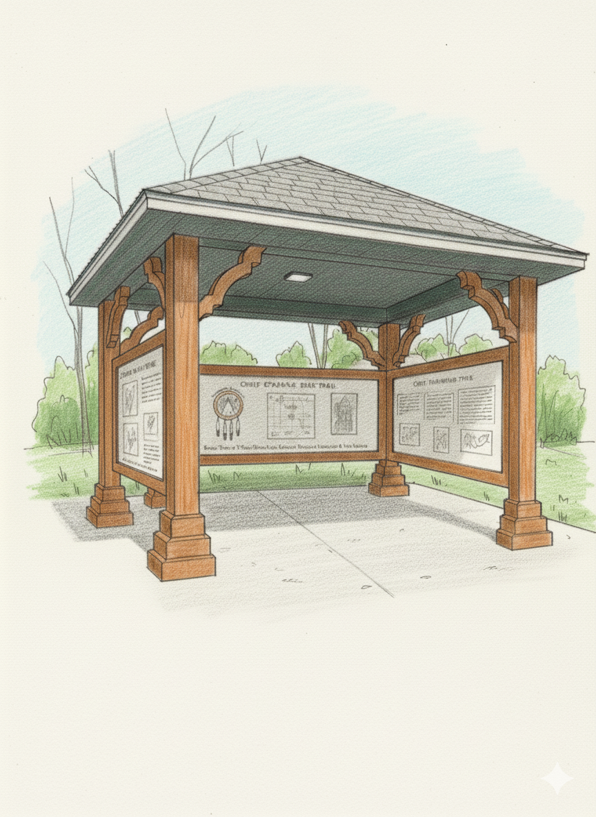Wooden park kiosk with information panels and a gray shingle roof, set in a park.