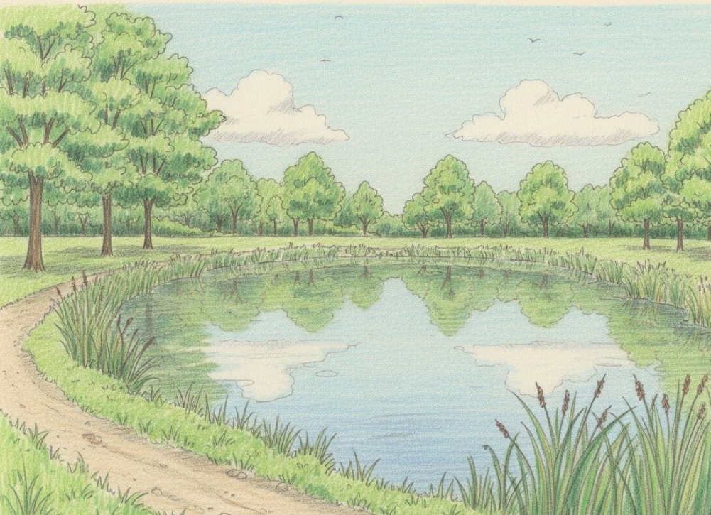 A serene pond reflects the sky and trees. A dirt path leads through the grassy bank, peaceful setting.
