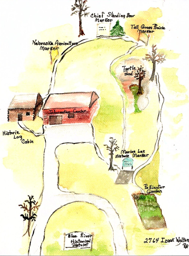 Watercolor map of a rural location, showing buildings, trails, trees, and markers.