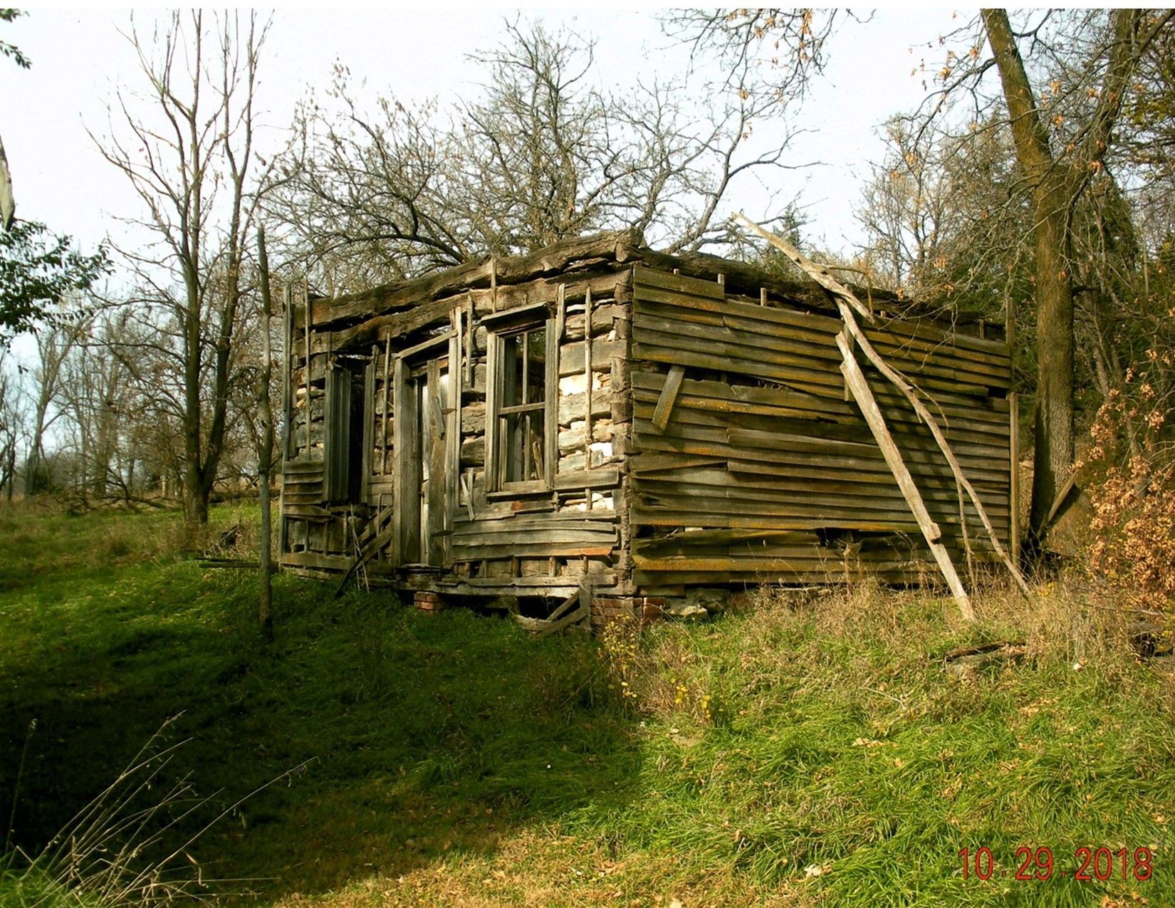 Dilapidated wooden cabin in a grassy area, surrounded by trees.