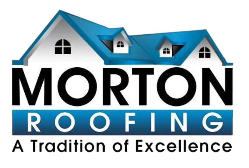 Logo for Morton Roofing: House illustration with blue roof, black text, and tagline.