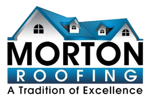 Logo for Morton Roofing: House illustration with blue roof, black text, and tagline.