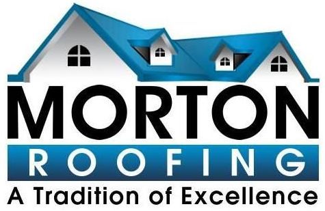 Morton Roofing logo: Blue house icon with black text 