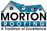 Morton Roofing logo: Blue house icon with black text