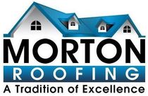 Morton Roofing logo: Blue house icon with black text 