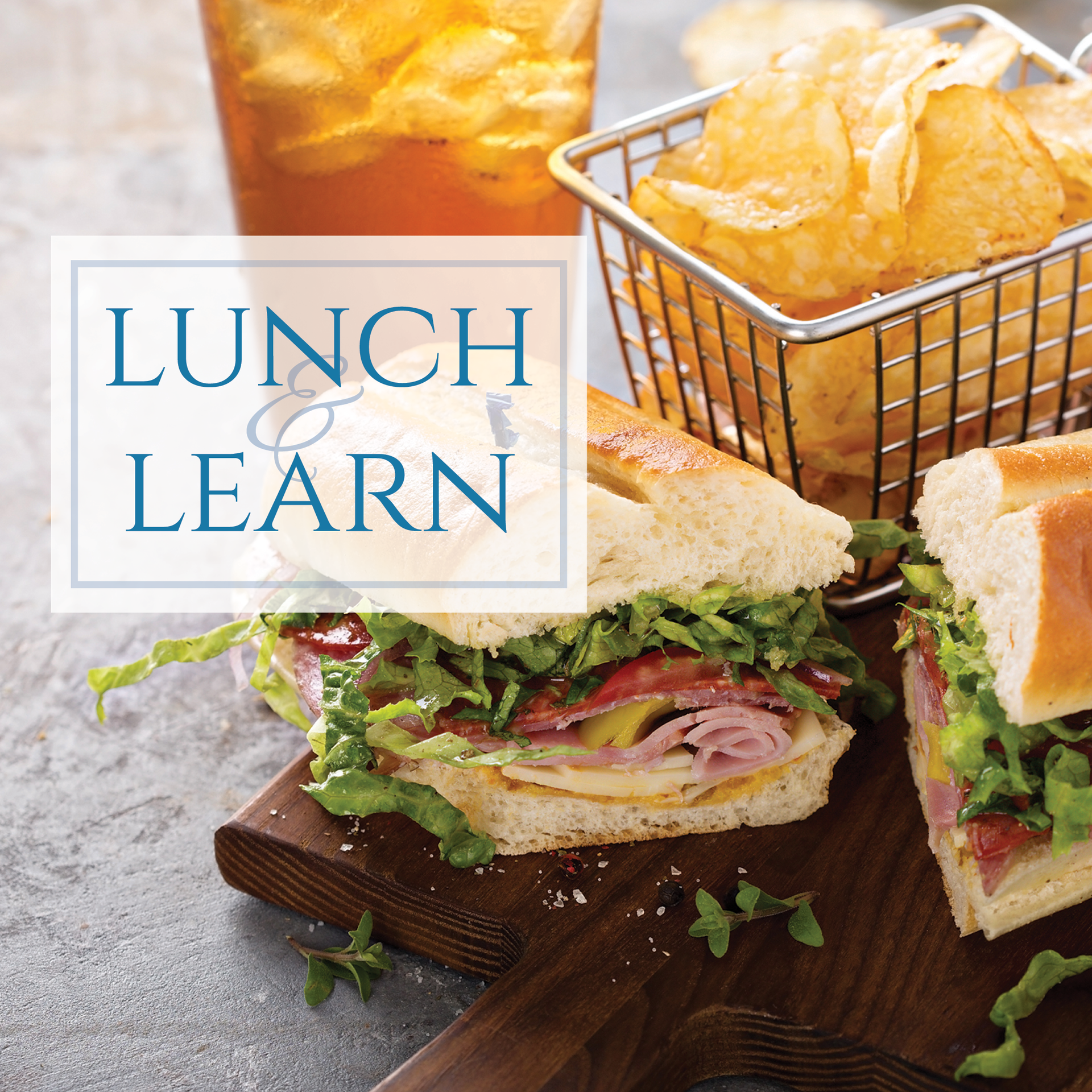 a plate of sandwiches on a table with the words lunch & learn on it