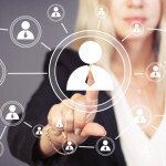 Social network interface businesswoman touch button