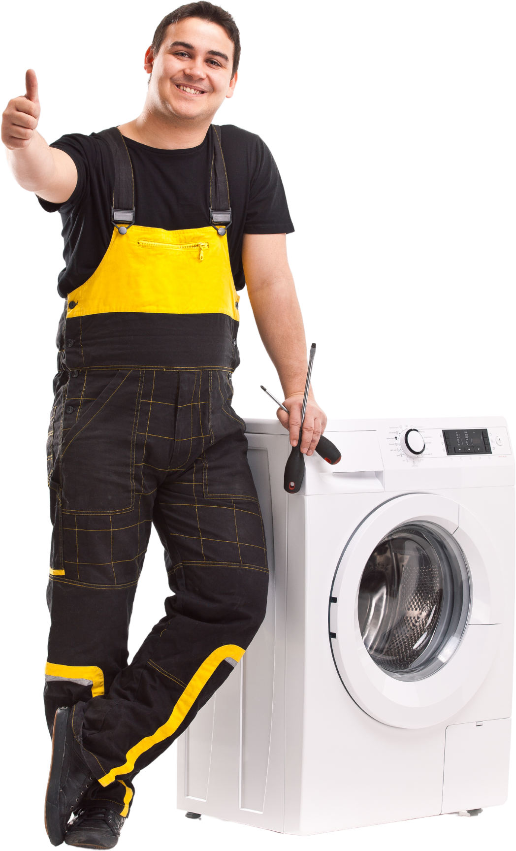 A man is standing next to a washing machine and giving a thumbs up