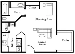 Floor plan of a studio apartment with kitchen, living room, sleeping area, bathroom, closet, and patio.