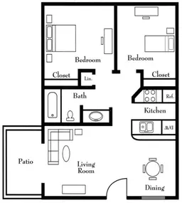 Floor plan of a two-bedroom apartment with a living room, dining area, kitchen, and patio.