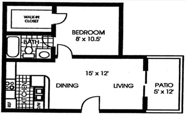 Floor plan of a small apartment with a bedroom, bathroom, kitchen, dining area, living area, and patio.