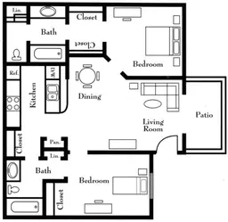 Floor plan of a two-bedroom apartment with a living room, dining area, kitchen, two bathrooms, and a patio.