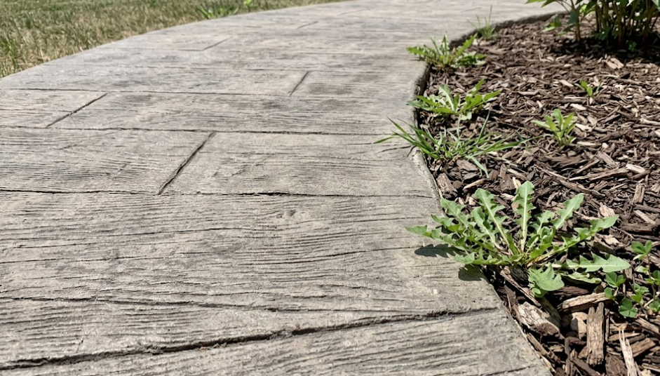 A curved walkway with a textured, wood-grain stamped concrete pattern, bordered by garden mulch and small green weeds in Frederick, MD.
