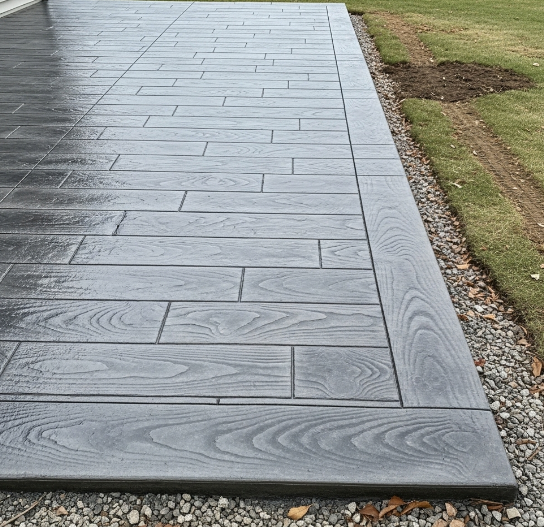 Newly installed stamped concrete wood plank patio in Frederick MD