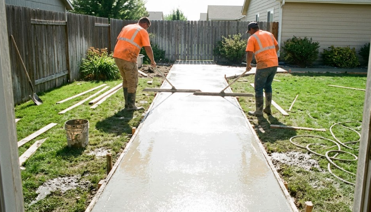 Our expert concrete contractor team in Frederick MD pouring and smoothing a new walkway.