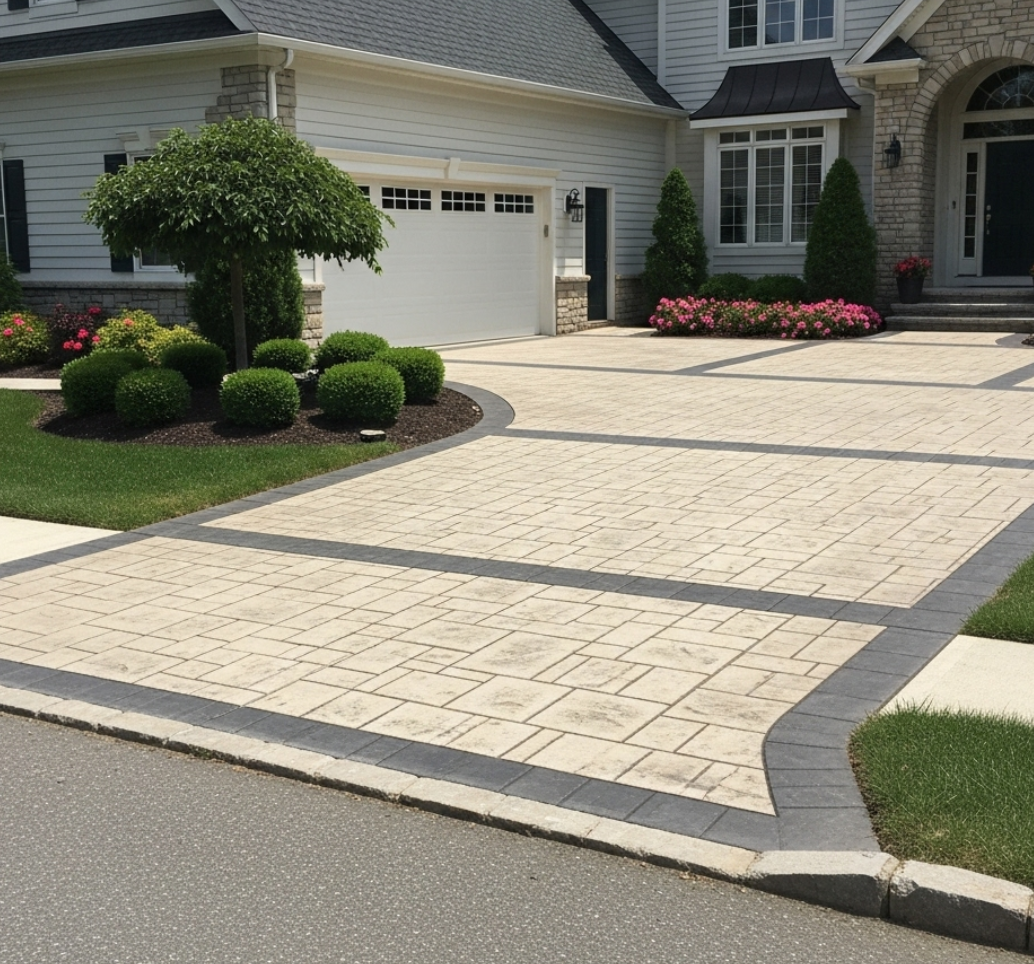 Durable stamped concrete driveway and matching walkway enhancing the curb appeal of a Frederick, MD home.