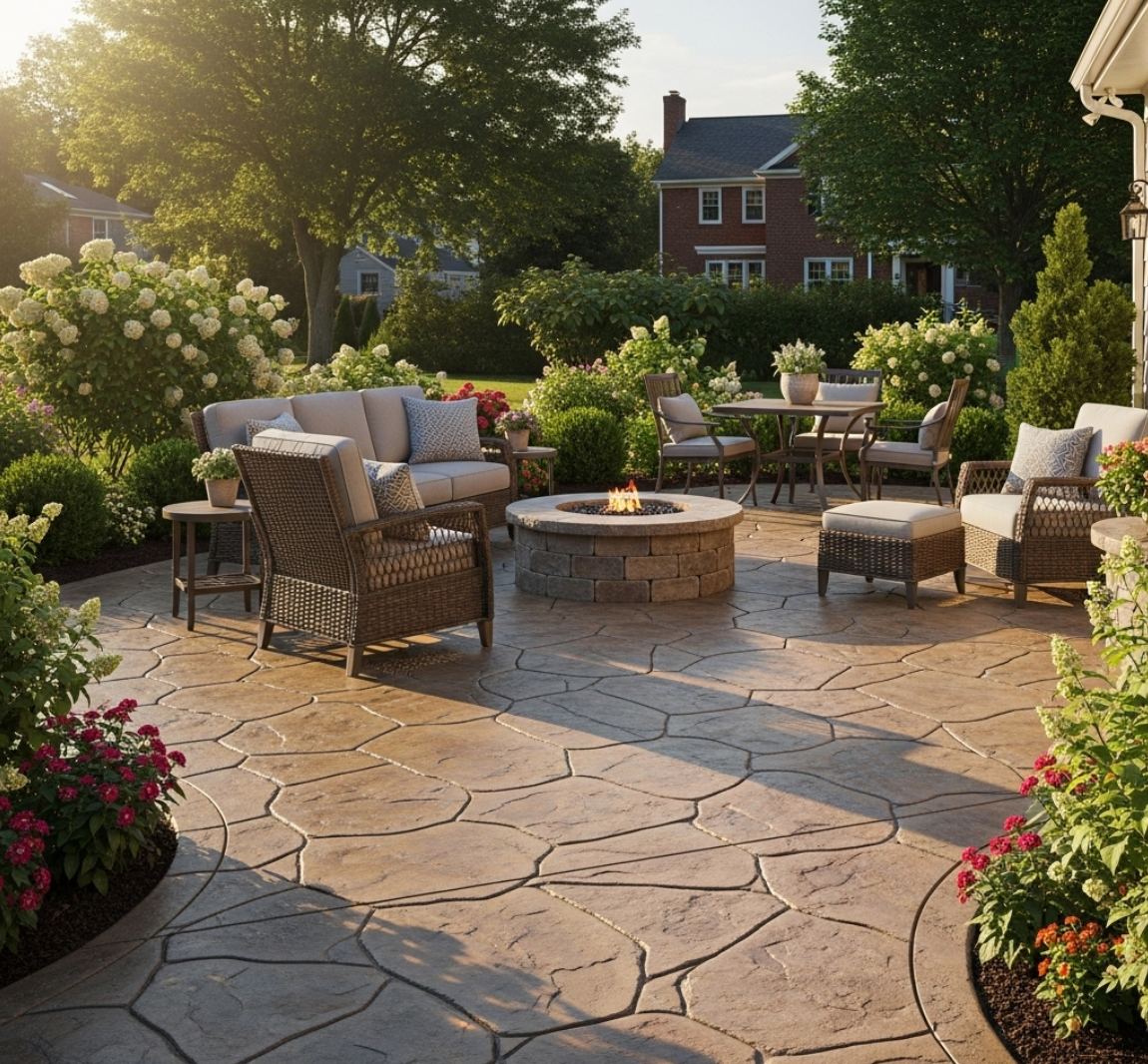 Beautiful stamped concrete flagstone patio in a Frederick, MD backyard, perfect for outdoor living and entertaining