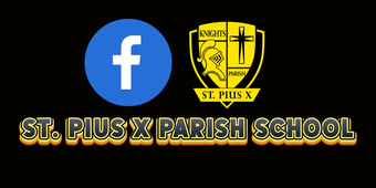 A logo for st. pius x parish school with a facebook logo