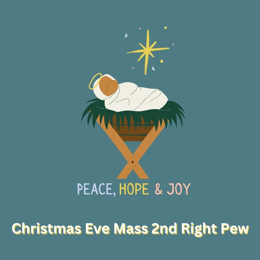 A baby in a manger with the words peace hope and joy