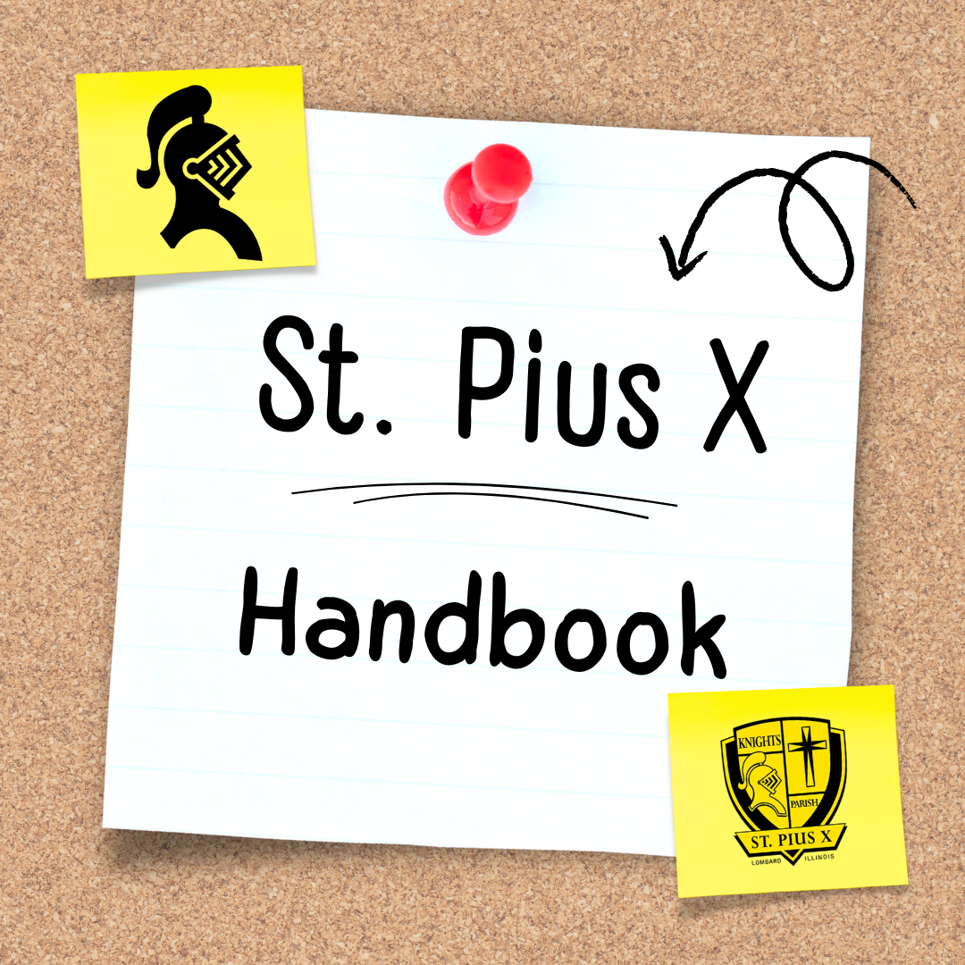 A handbook for st. pius x is pinned to a cork board