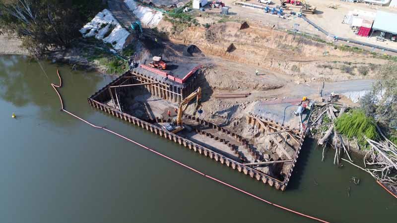 aerial view of sheet piling being installed