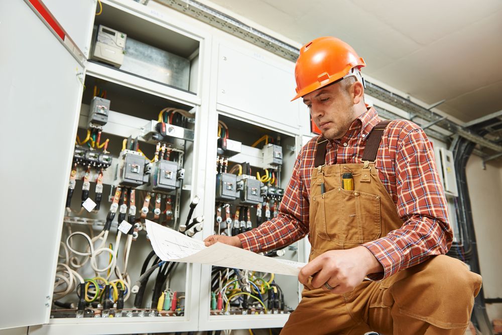 A man wearing a hard hat is working on an electrical box.