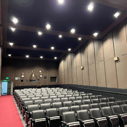 A large auditorium with rows of chairs and a red carpet