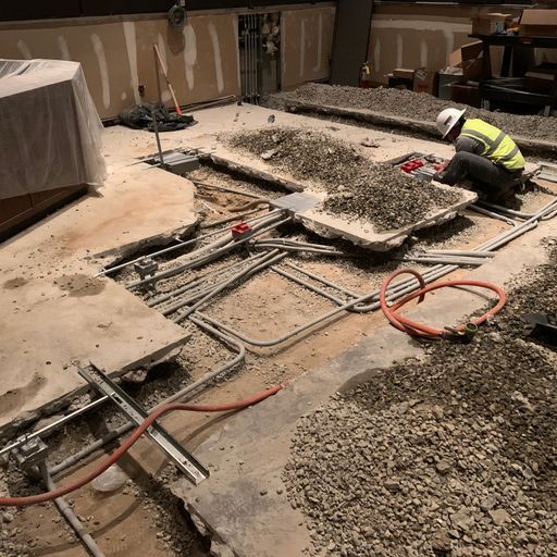 A construction worker is working on a concrete floor.