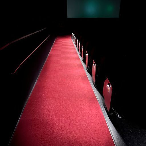 A red carpet is leading to a row of empty seats in a theater.