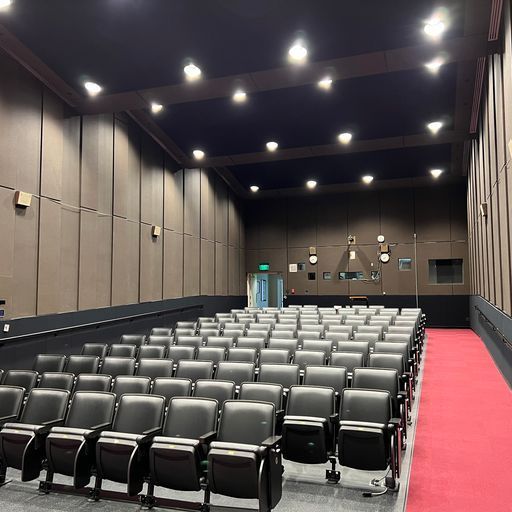 A large auditorium with rows of black chairs and a red carpet.