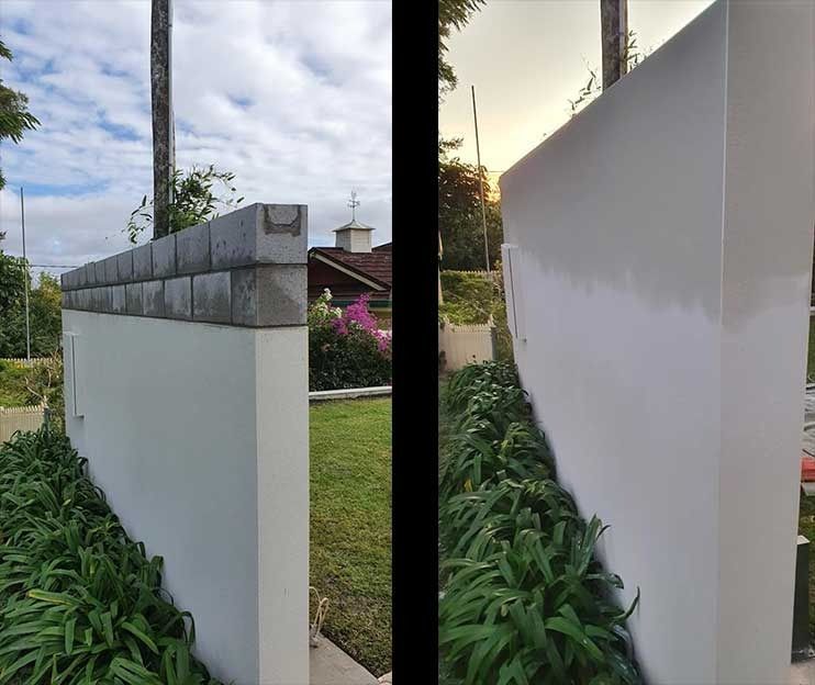 A Before and After Picture of A White Wall in A Garden — MJ Render in Buderim, QLD