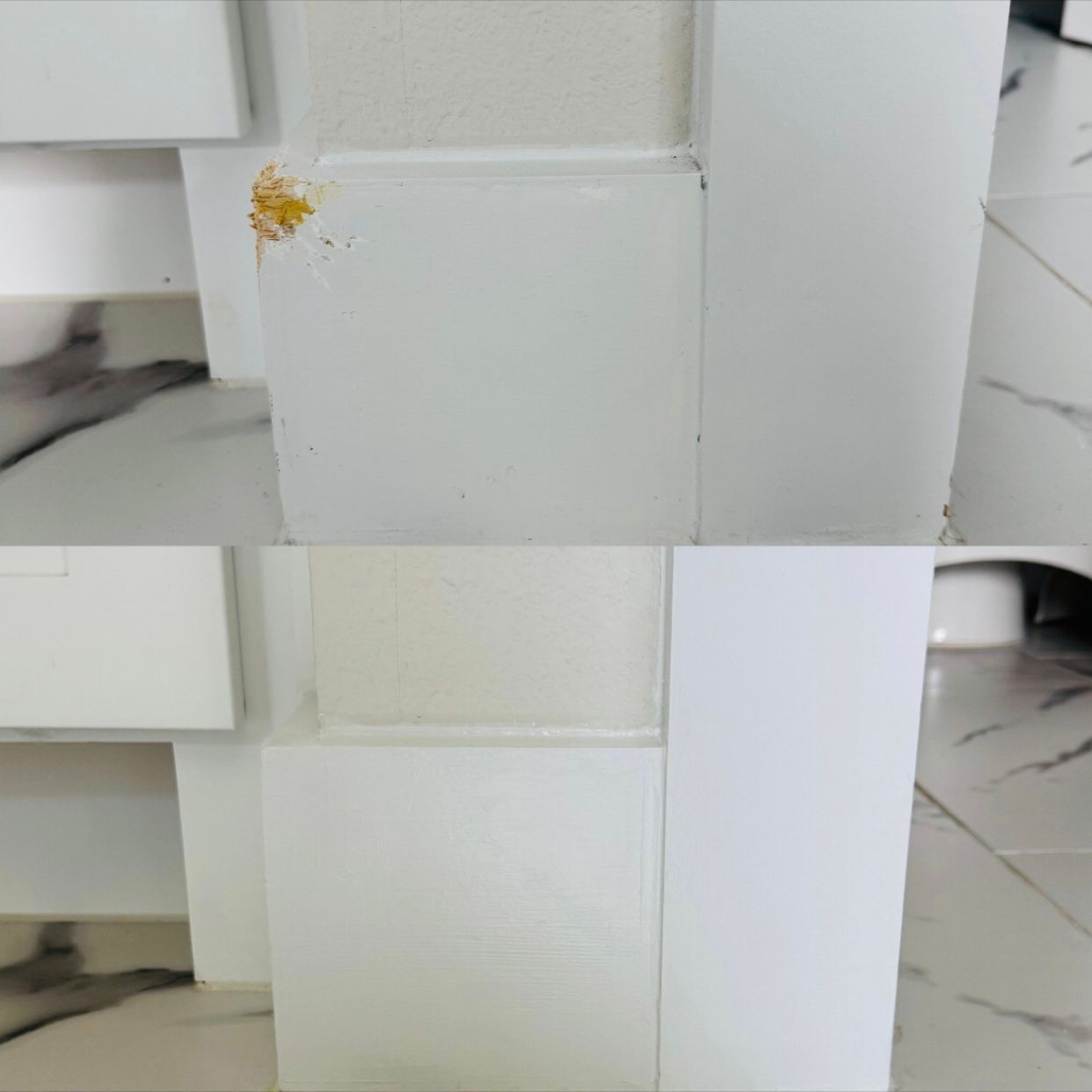 A Before And After Photo Of A Bathroom Baseboard - Spring, TX - DJ's Painting A Before And After Photo Of A Bathroom Baseboard - Spring, TX - DJ's Painting