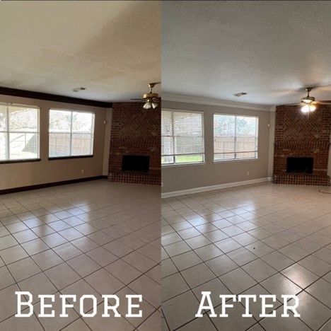 A Before And After Photo Of A Living Room With A Fireplace And Ceiling Fan - Spring, TX - DJ's Painting