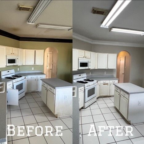 A Before And After Photo Of A Kitchen With White Cabinets - Spring, TX - DJ's Painting
