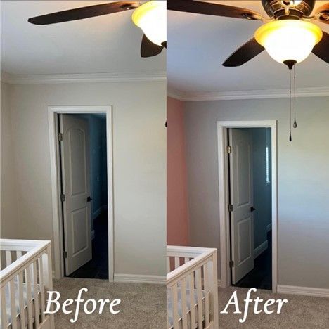 A Before And After Photo Of A Bedroom With A Ceiling Fan - Spring, TX - DJ's Painting