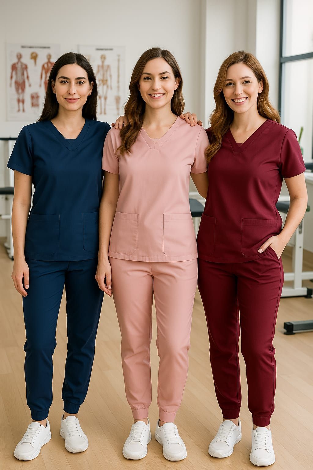 Tres mujeres con uniformes médicos posan juntas. Uniformes azul marino, rosa y granate. Todas sonriendo.