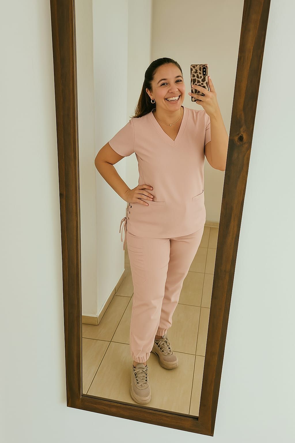 Mujer con bata rosa tomándose una selfi frente al espejo, sonriendo. Marco de madera. Habitación de color claro.