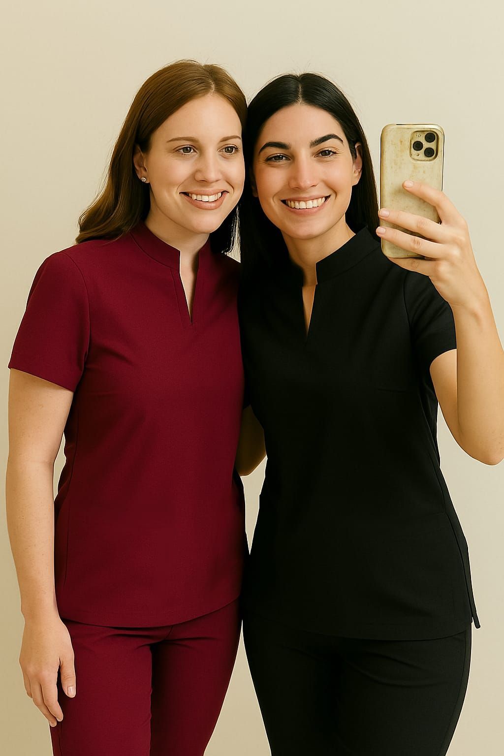 Dos mujeres vestidas con uniforme médico se toman una selfie, una vestida de color burdeos y la otra de negro, sonriendo